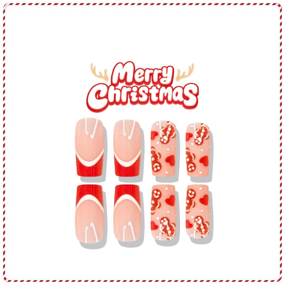 24Pcs Christmas Medium Press on Nails Red French Tip Fake Nails Heart Square False Nails with Gingerbread Man Designs Nude Pink Full Cover Glue on Nail Christmas Stick on Nails for Women