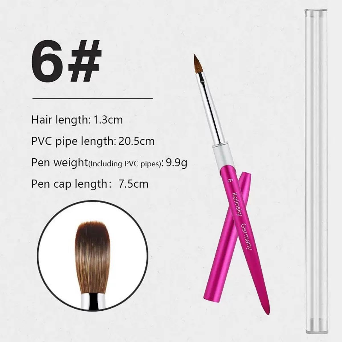 100% Pure Kolinsky Acrylic Nail Brush Size 6, Hair Acrylic Crystal Hot Red Pink with Silver Ferrule Round Shaped for Women Girls Manicure Tools Accessories