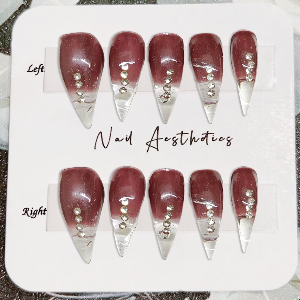 Handmade Press on Nails Curved Stiletto Fake Nails Eagle Claw Art Design Dragon Claw False Nail Wine Red Glitter French Tip Acrylic Nail Glossy Stick on Nail for Women (S)