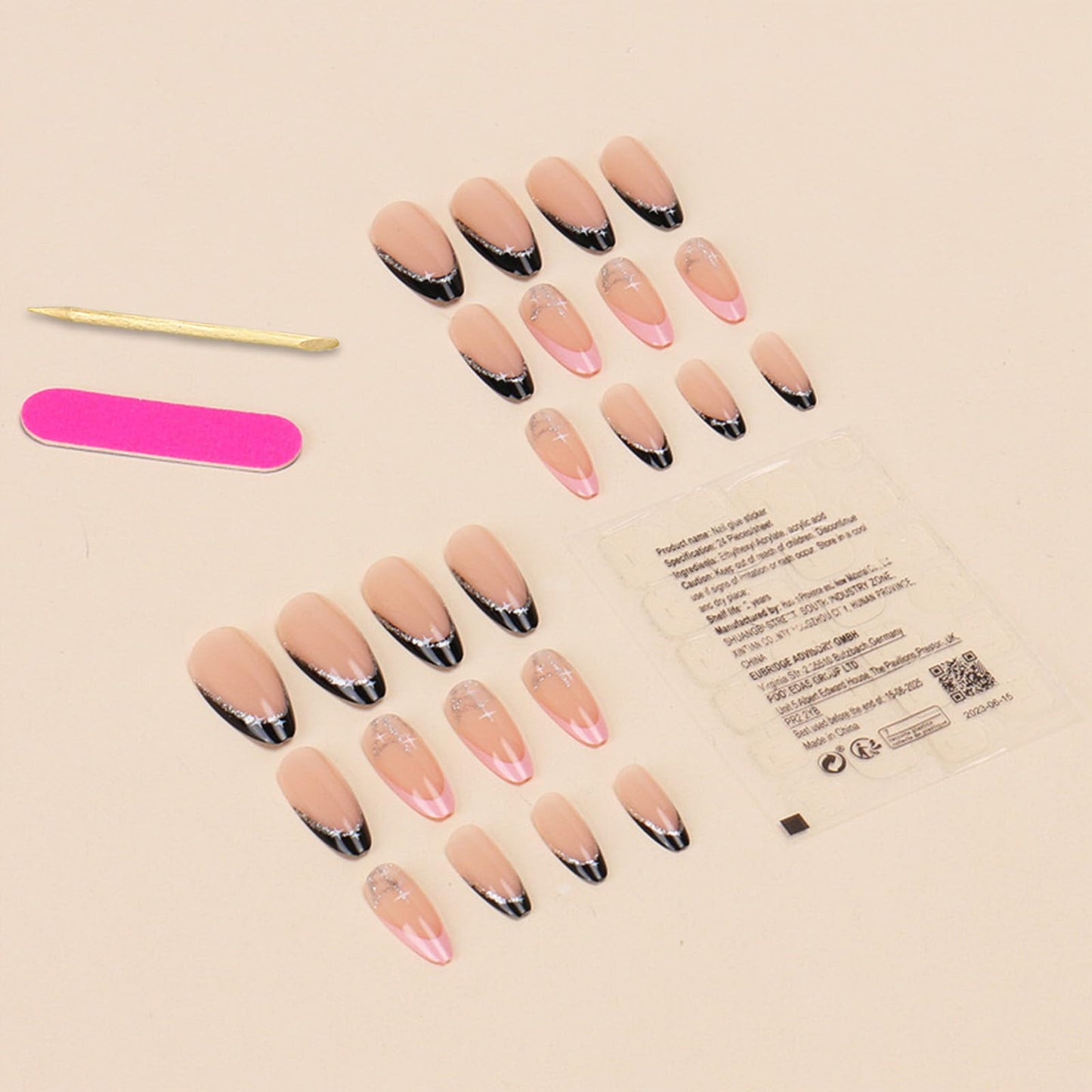French Tip Press On Nails - Medium Almond Glitter False Nails with Designs - Black Pink Tip Glue On Full Cover Acrylic Stick On Nails for Women Girls