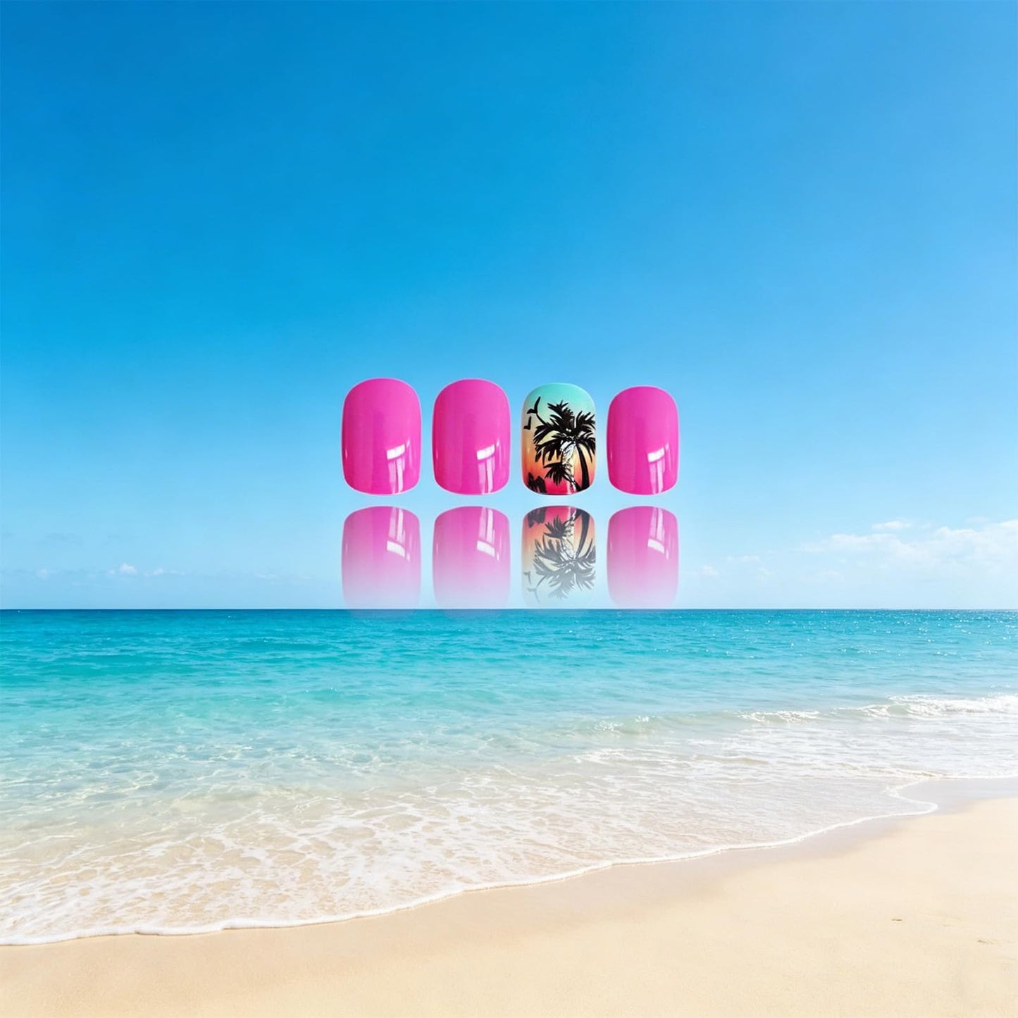 Ocean Press on Nails with Tropical Sunset Design Glossy Pink Ombre Fake Nail Palm Tree Short Square False Nails Summer Stick on Nail Beach Glue on Artificial Fingernails for Women Daily Wear