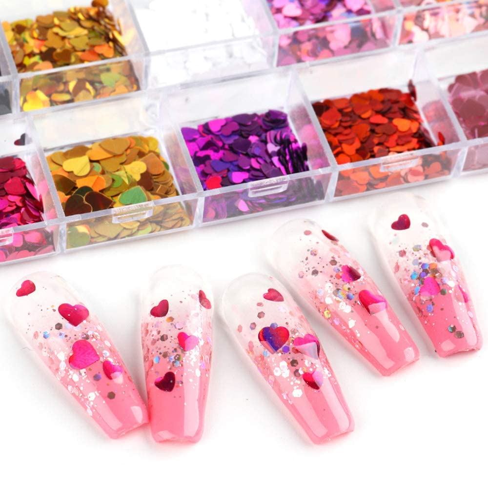 CHANGAR Valentine Heart Nail Art Decals - Glitter Sequins Acrylic Nails Design