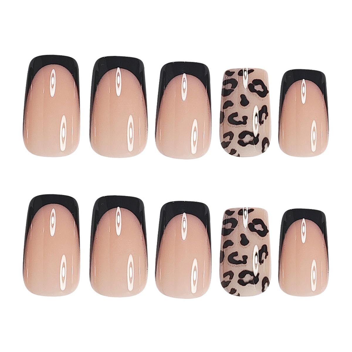 24Pcs Black French Fake Nails QUNQINLI Short Square Press on Nails with Leopard Print Designs Nude Nail Press ons Glossy Full Cover Glue on Nails Reusable Stick on Nail for Women Manicure