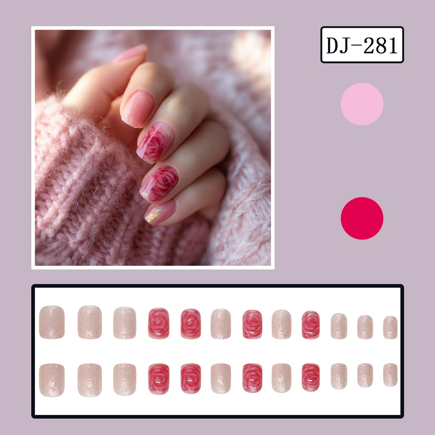 24Pcs Valentines Press on Nails Short Square Fake Nails Red Rose Flower False Nails Cute Floral Acrylic Glue on Nails Glitter Full Cover Nude Glossy Artificial Stick on Nail for Women Manicure Decor