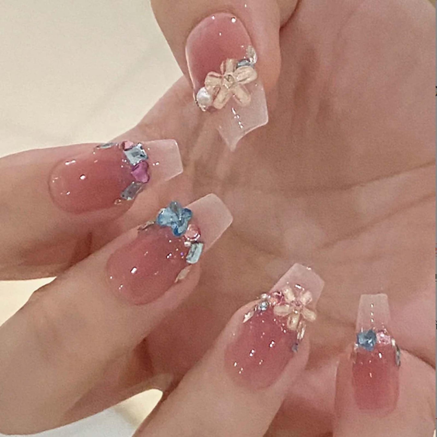 Kamize Coffin Fake Nails Pink Press on Nails Full Cover Acrylic Medium Rhienstones Fake Nails for Women and Girls 24PCS