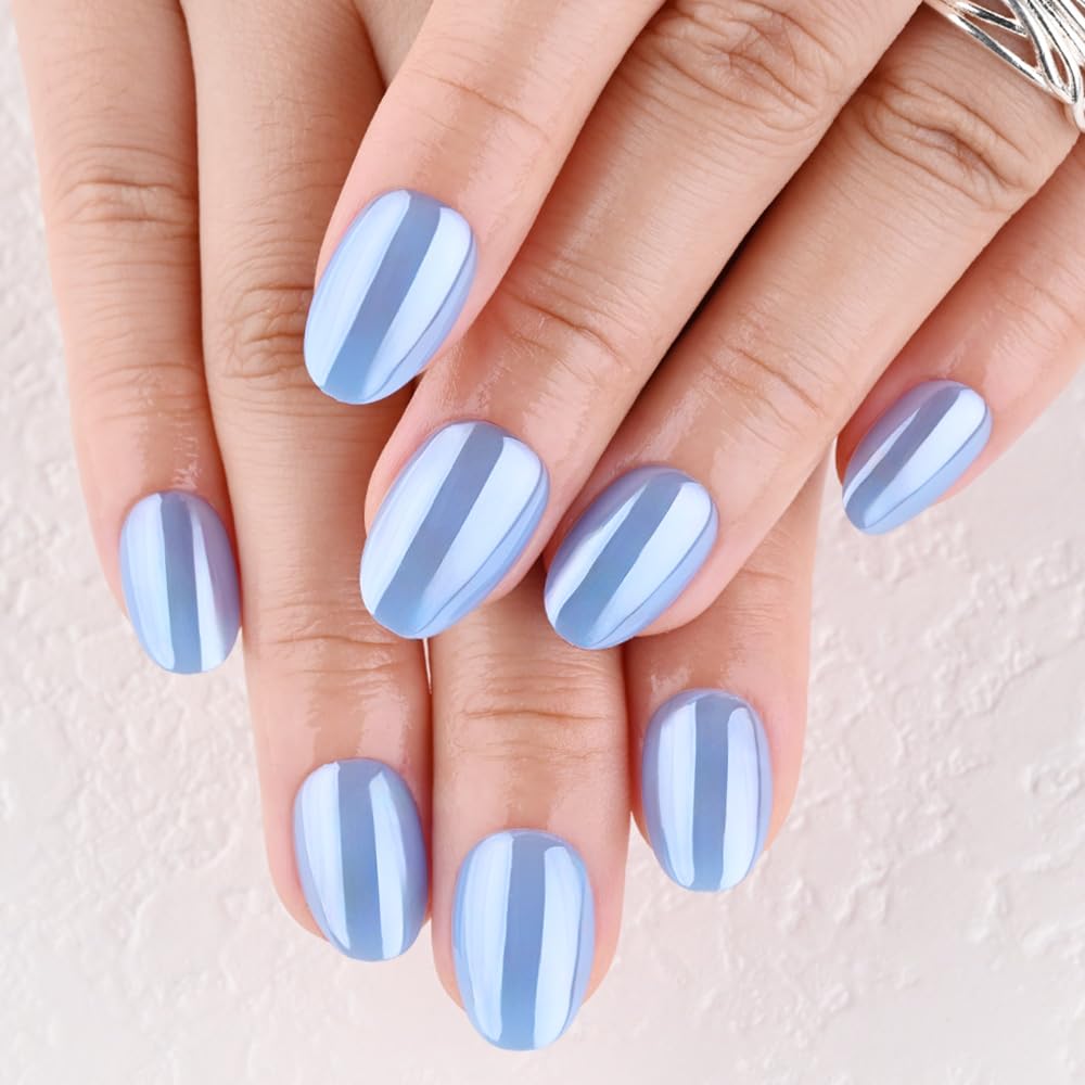 evpct Sky Blue Glazed Metal Press on Nails Short Oval, Short Oval Chrome Glossy Aurora Stick on Nail for Women, Reusable Full Cover Soft Press on Nail Perfectly Fit with Glazed Design Salon Quality
