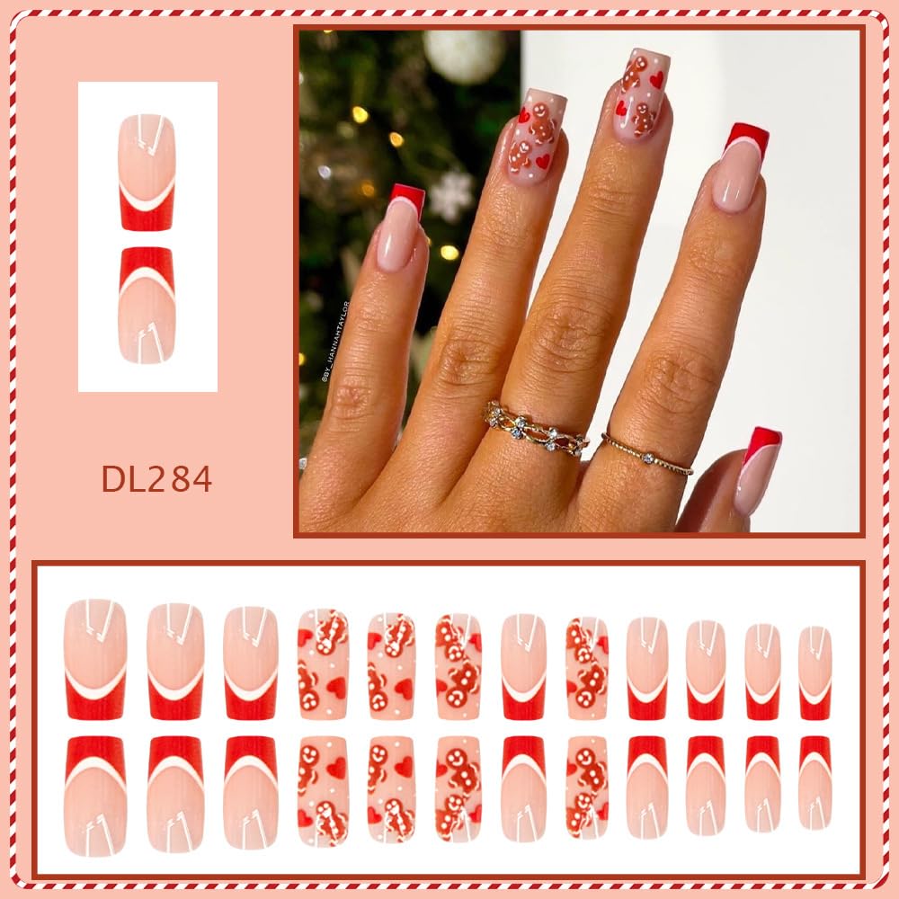 24Pcs Christmas Medium Press on Nails Red French Tip Fake Nails Heart Square False Nails with Gingerbread Man Designs Nude Pink Full Cover Glue on Nail Christmas Stick on Nails for Women