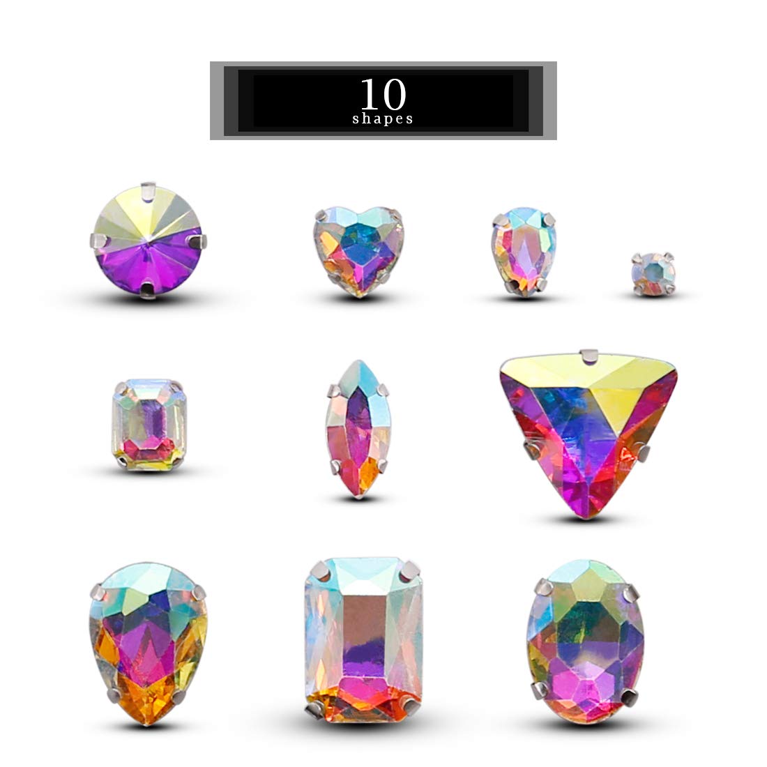 TANOSII Sew on Rhinestones 100 PCS Mixed Shapes Glass Rhinestones Sew on Crystal Gems Mental Flatback with Silver Claw for Jewelry Crafts Clothes Shoes Costume Garment AB White