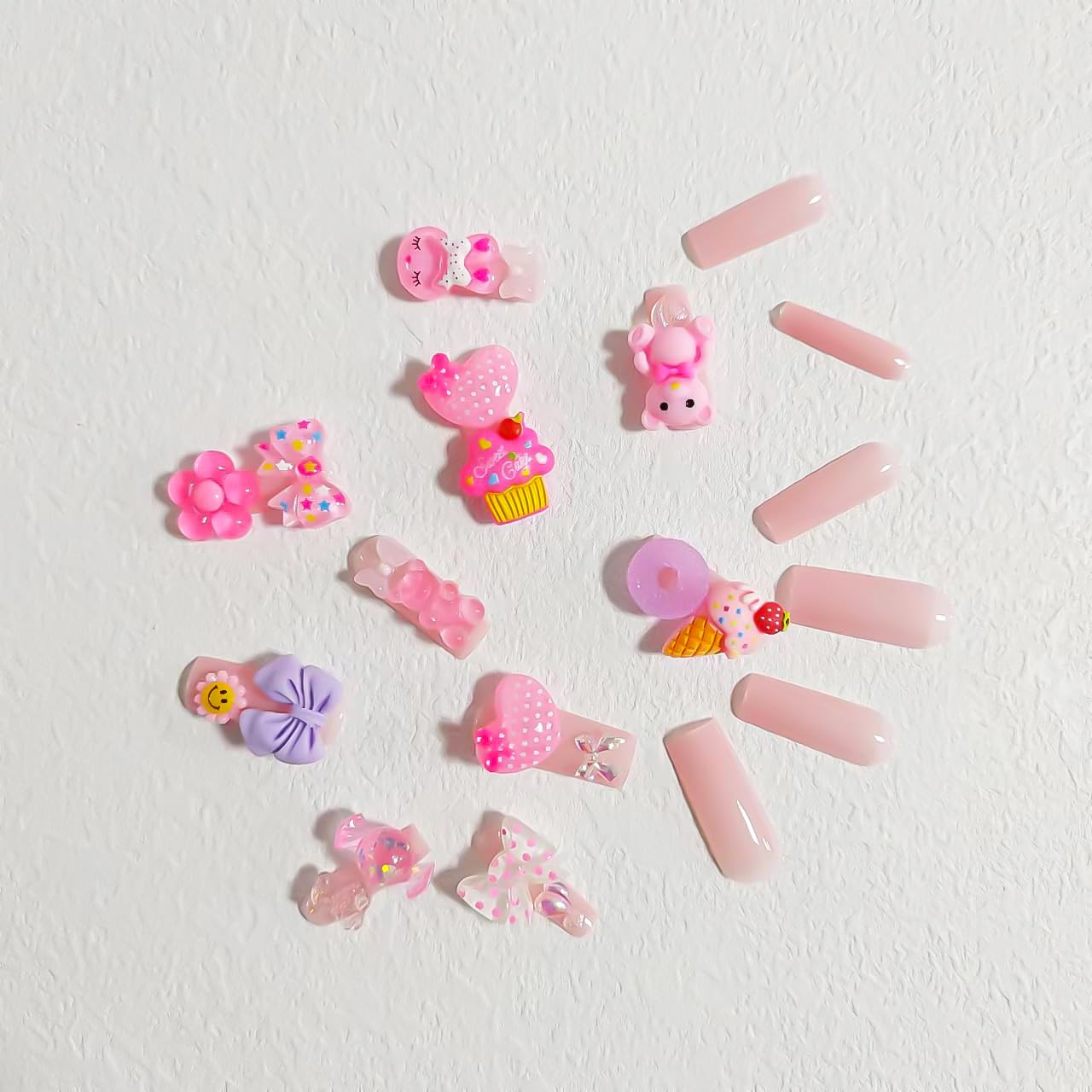 24Pcs Long Press on Nails Square Fake Nails with Charms Nude Pink Acrylic Nails Cute Heart Bear Charm Designs Glue on Nails Reusable Artificial Full Cover Stick on Nails for Women and Girls