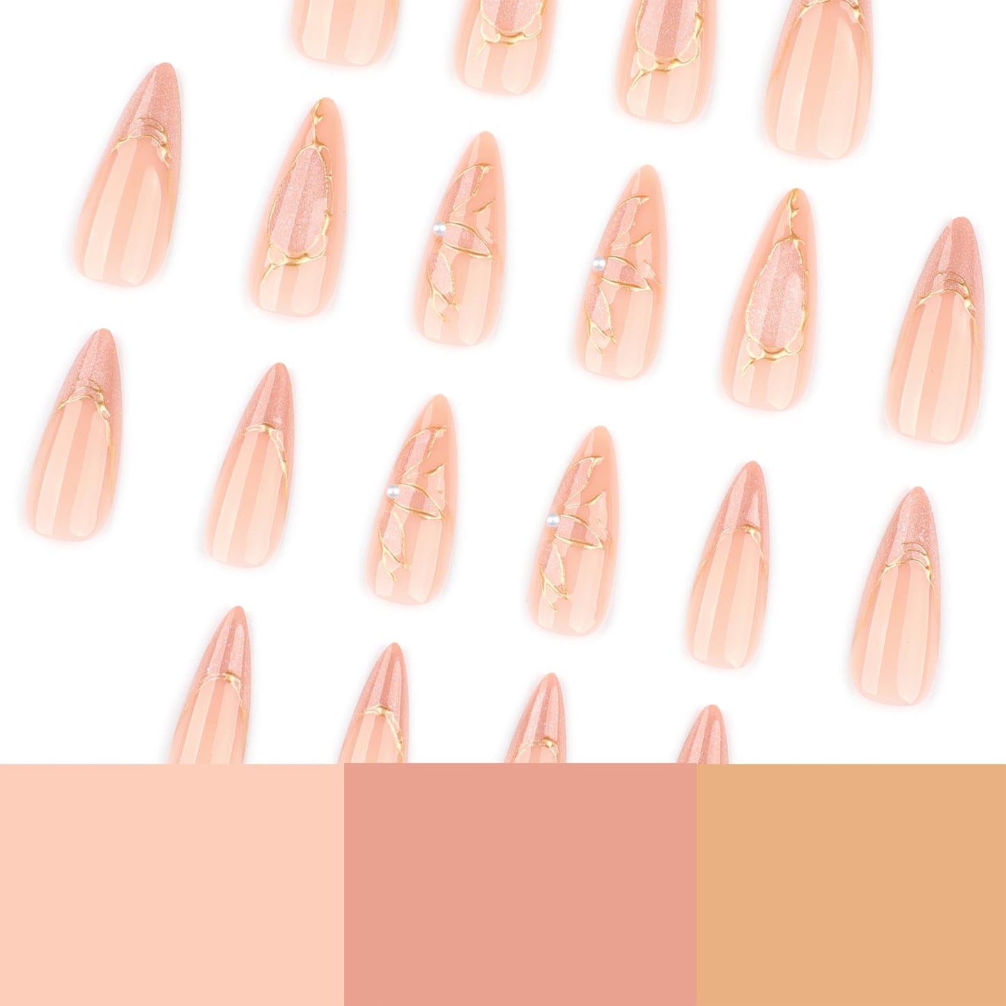 Mivota Medium Stiletto Press On Nails – Nude Pink with 3D Gold Chrome Design, 24PCS Acrylic Fake Nails Kit with Glue and Tools, Glamorous Glossy Stick On Nails for Women Party Wedding