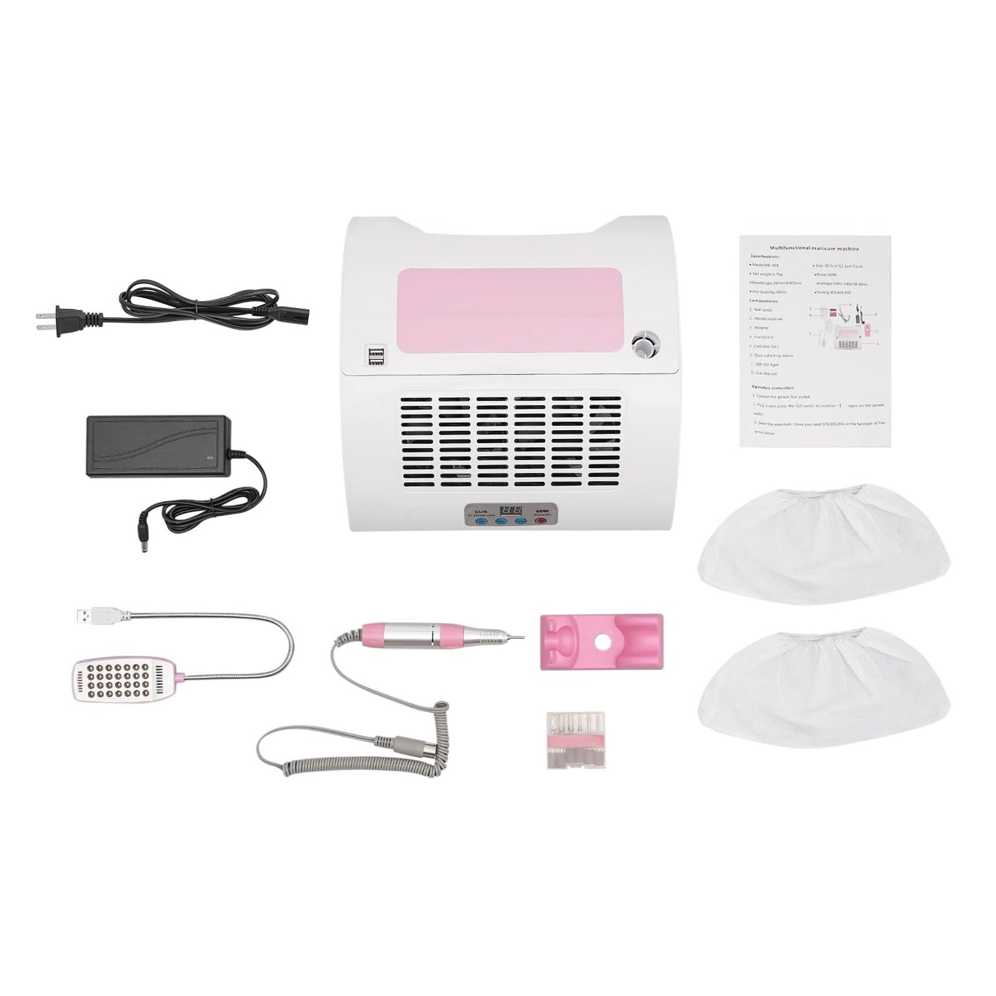 XIJIE Nail Dust Collector 5-in-1, Professional Collector Dust Extractor, Electric Nail Drill Machine, Charging and Lighting Nail Machine w/UV + LED Lamp for Salon & Home (60W) (Pink+White)