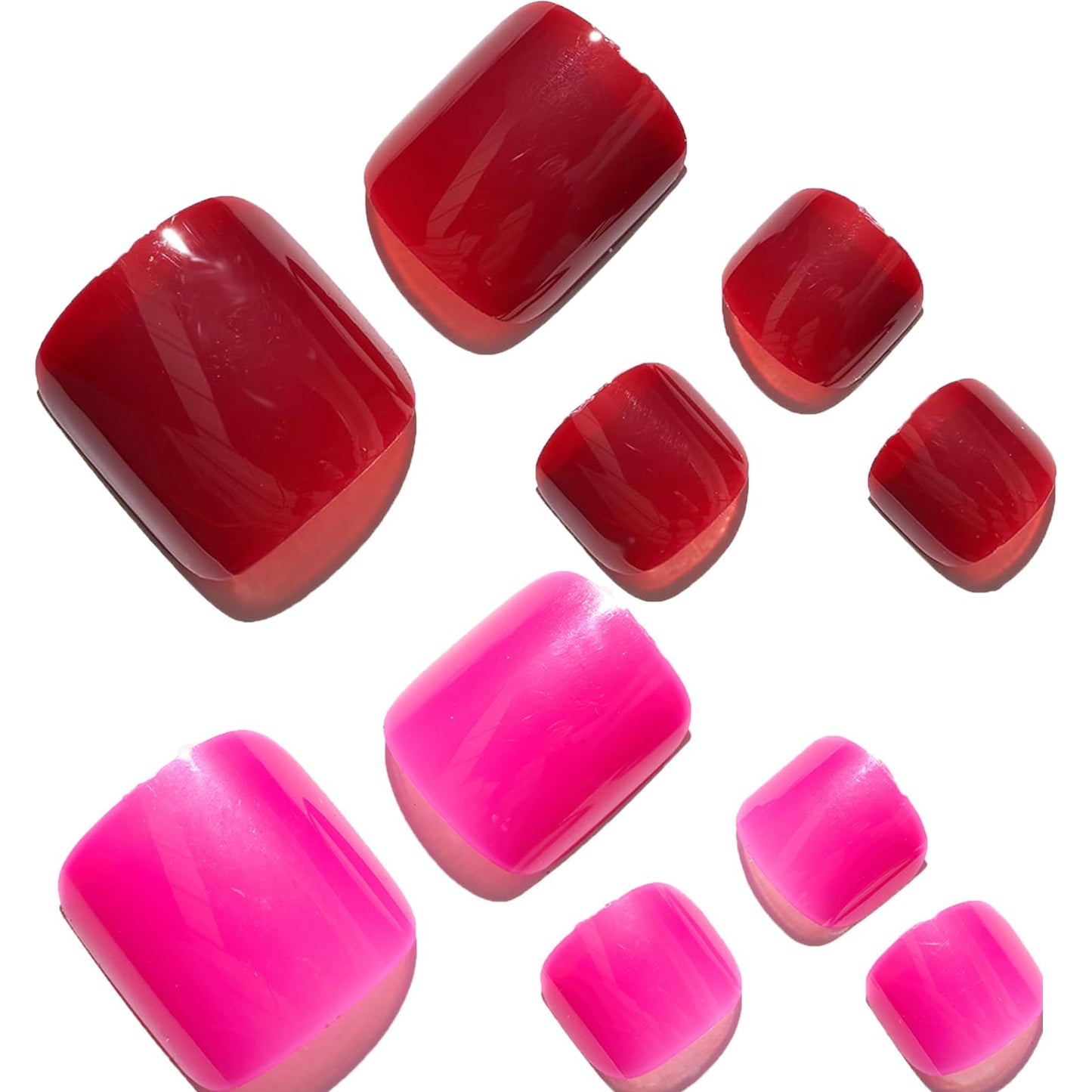 GLAMERMAID Press on Toenails,Dark Red and Hot Pink Toenails Press ons,48 Pcs 2 Sets UV Glossy Glue on Toenails for Women Girls,Reusable Acrylic Stick on Toenails for Spring Summer