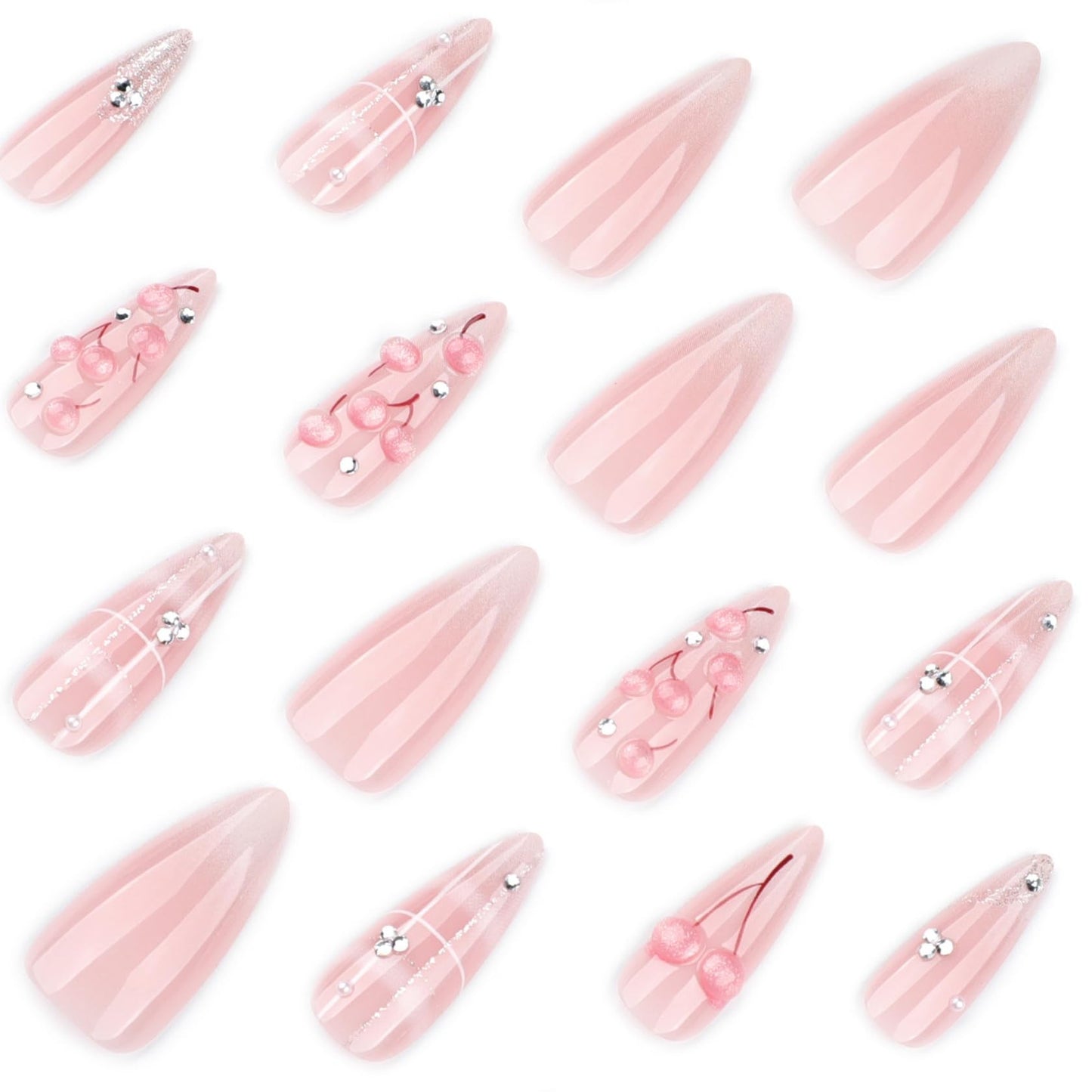 Medium Almond Press on Nails for Women,Cherry Blossom & Silver Bow,Fake Nails Artificial Stick on Nails