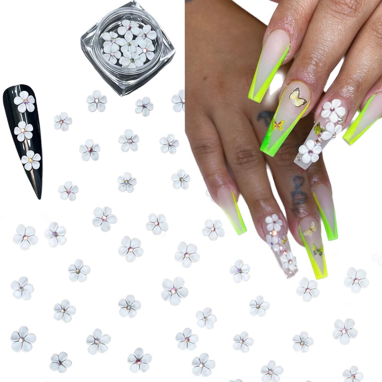 Set 30Pcs White 3D Flowers for Nails, Handmade 3D Acrylic Flowers for Nails, Flower Nail Charms Rhinestones Gems by Acrylic Powder Design Deco Nail Art Women Girls (White with Rhinestones-30Pcs)
