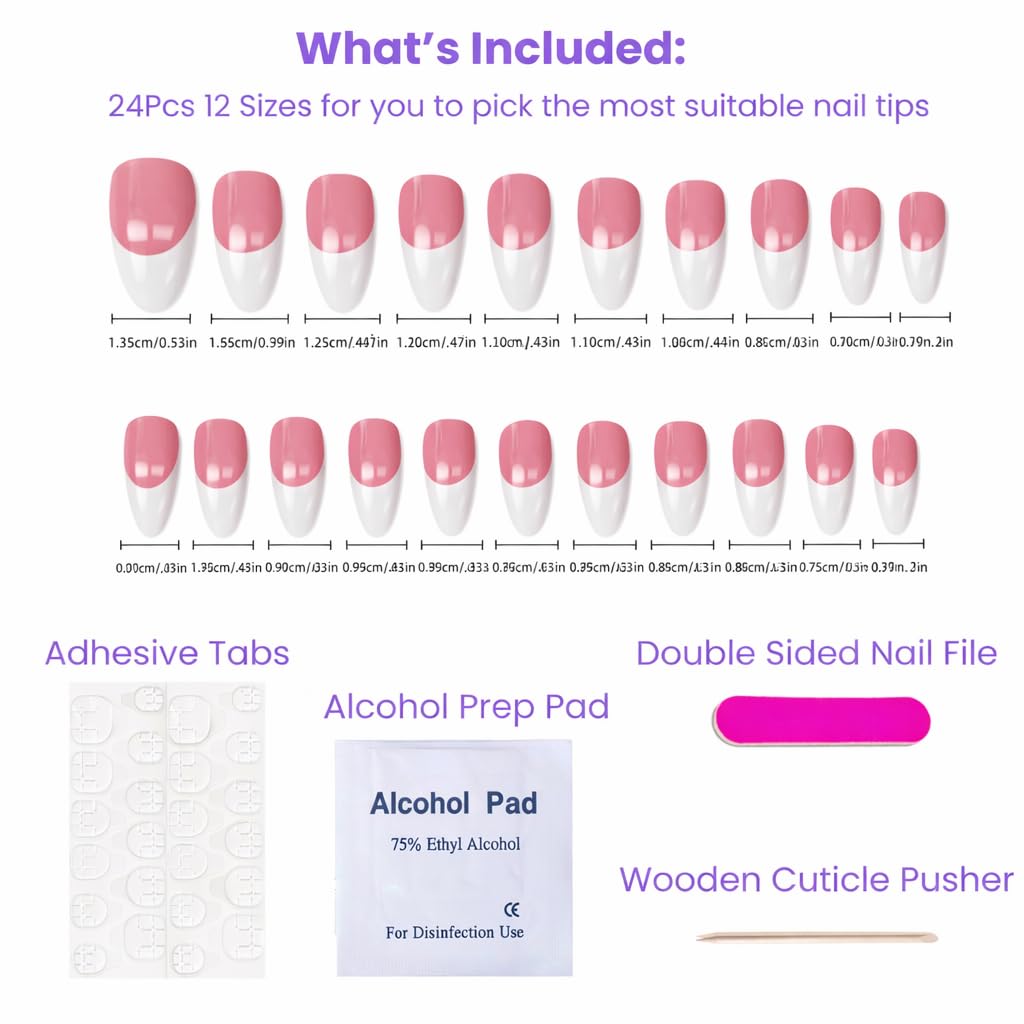French Tip Press-On Nails – Nude Pink with White Tips | Long Almond Shape, Glossy 24-Piece Reusable Nail Set for Salon-Perfect Look