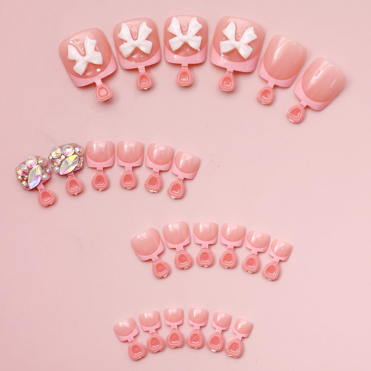 3D Bow Press on Toenails Short Square Fake Toenails French Tips Toe False Toenails Full Cover Pink Artificial Toe Nails with Rhinestones Design Stick on Toe Nails for Women Girls Manicure Art 24Pcs