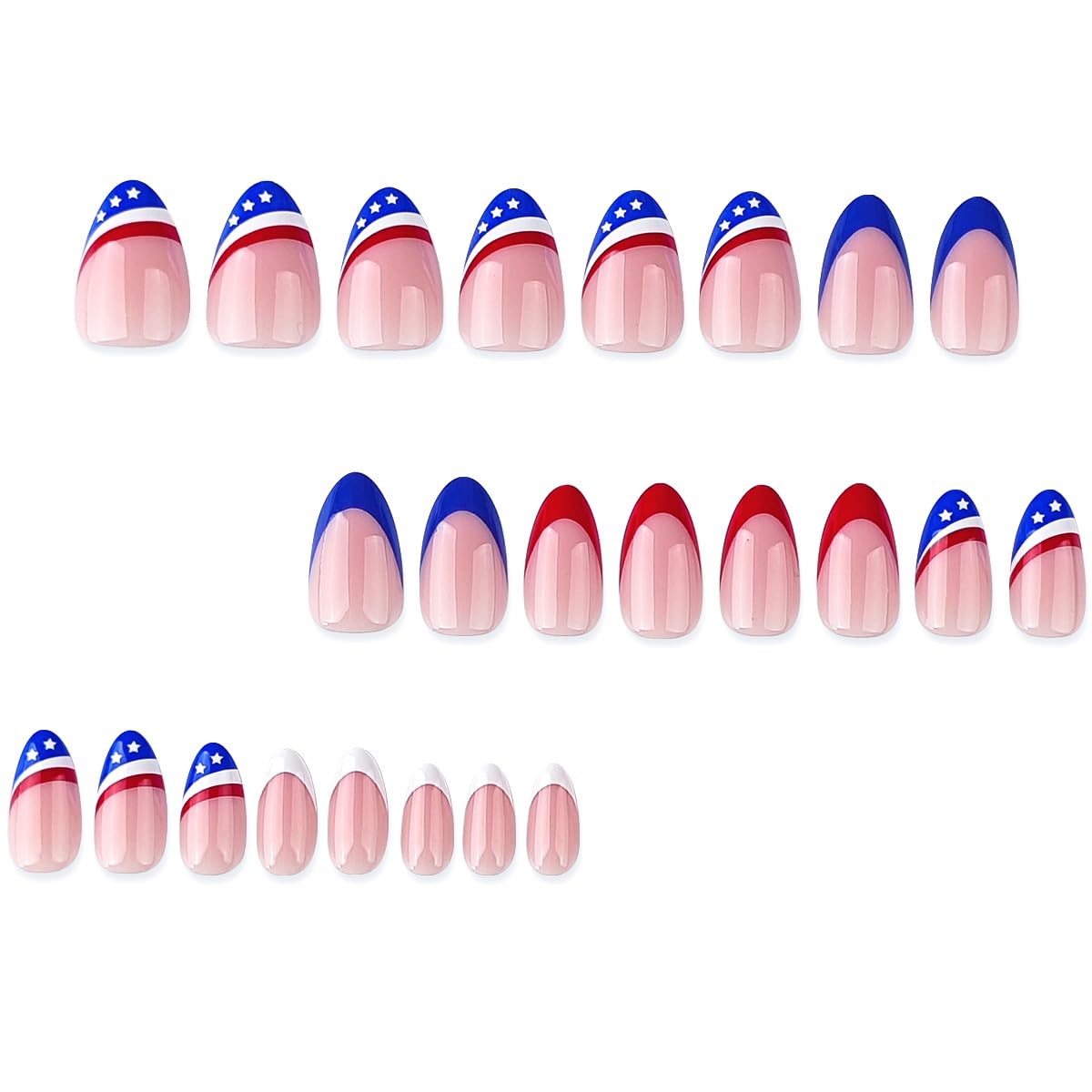 4th of July Press on Nails Blue Red Fake Nails Short Almond False Nails Press ons with American Flag Star Design Stick on Nails Independence Day Acrylic Glue on Nails for Women Manicure 24Pcs