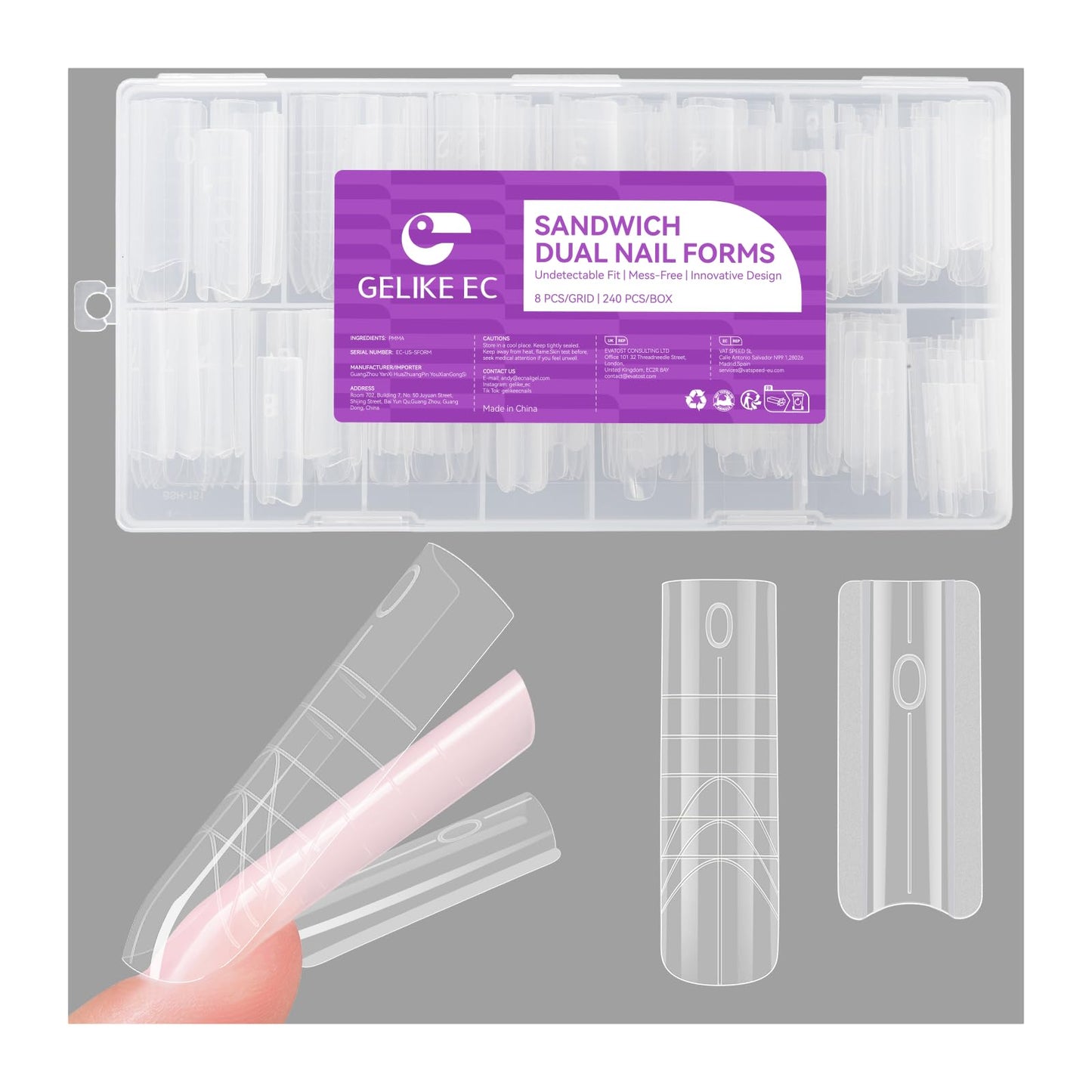 Gelike EC Sandwich Dual Forms for Polygel: Reusable Square Dual Form for Builder Gel & Acrylic Nails - 240pcs 15 Size with Guidelines to Create Short/Medium/Long Styles - C-Curve with Straight Sides