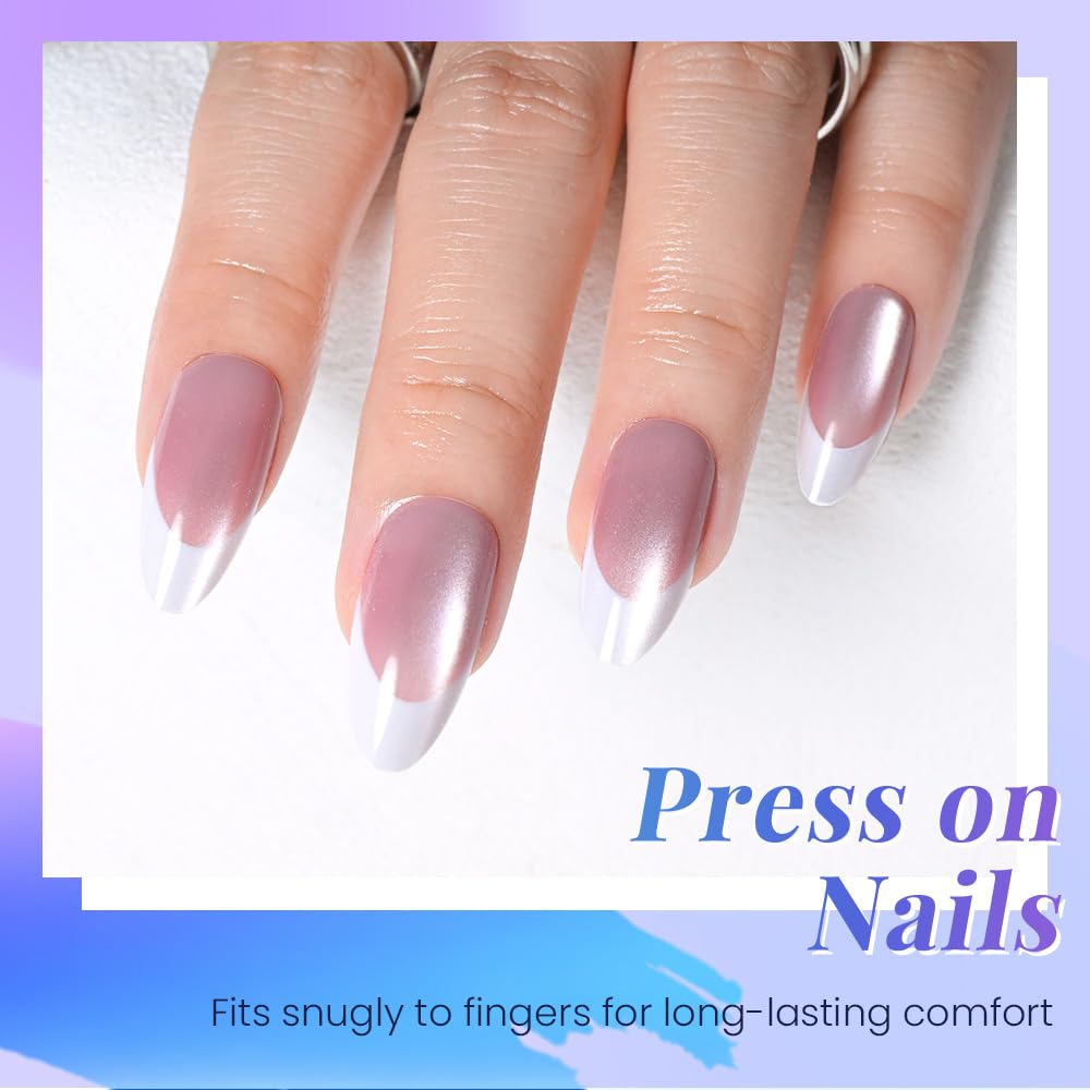 evpct Mauve Cat Eye French Tip Press on Nails Almond Medium No Glue, White French Tip Medium Almond Holographic Stick on Nails for Women, Reusable Full Cover Soft Press on Nail Perfectly with Design
