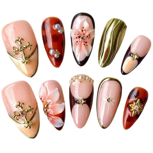 Handmade Press On Nails Medium Almond 10 Unique 3D Floral Designs Gold Filigree Crosses Caramel-Brown & Peach Blossoms | Reusable Acrylic False Nails for Women (Brown, M)