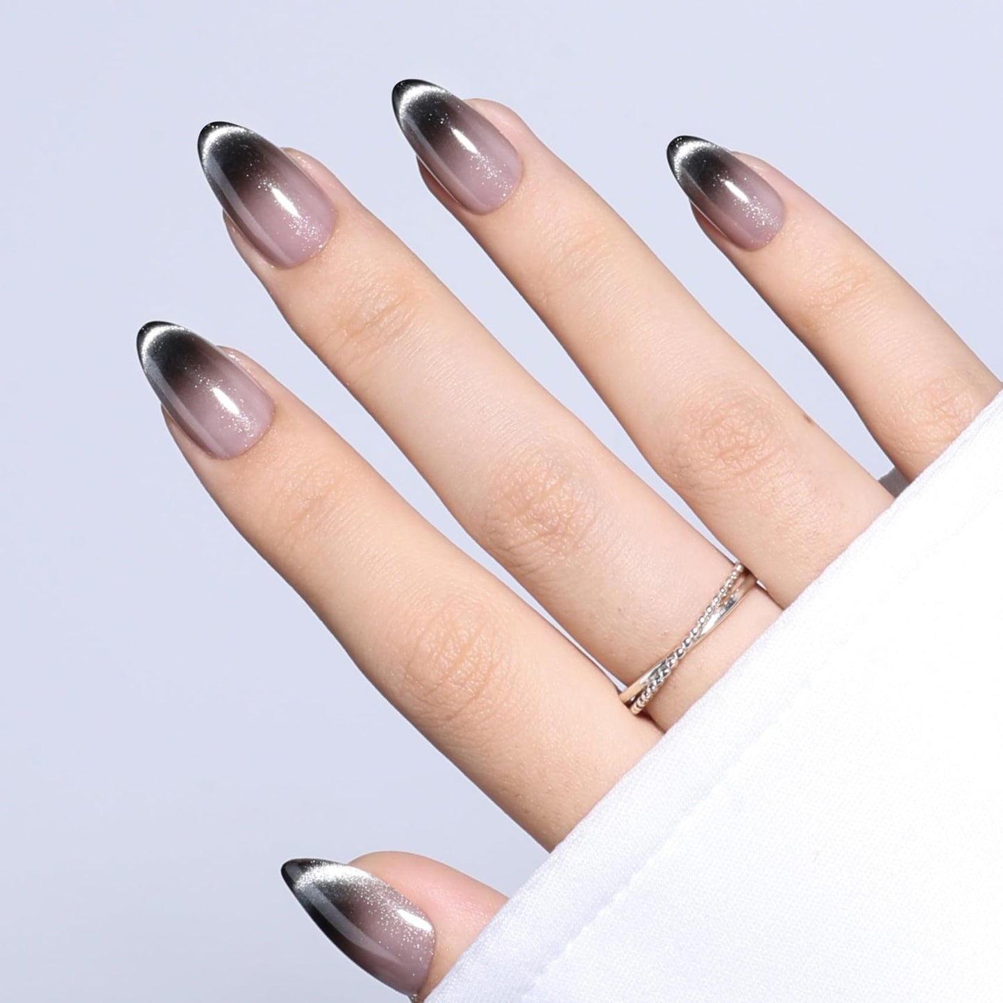 SEEWEE Ombre Black Cat Eye Press On Nails Almond - Short Almond Fake Nails with Nail Glue, Ombre Black Cateye Press On Nails Reusable Stick On Nails in 16 Sizes 32 Nail Kit for Women | Salon Quality