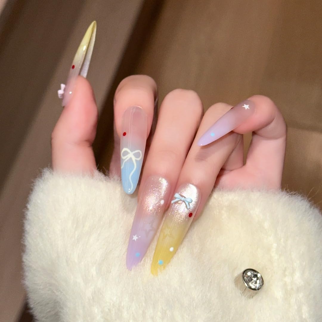 Dreamy Pastel Ombre Press On Nails, Star & Bow Embellished Extra Long Stiletto Fake Nails, Reusable Manicure Set (S)