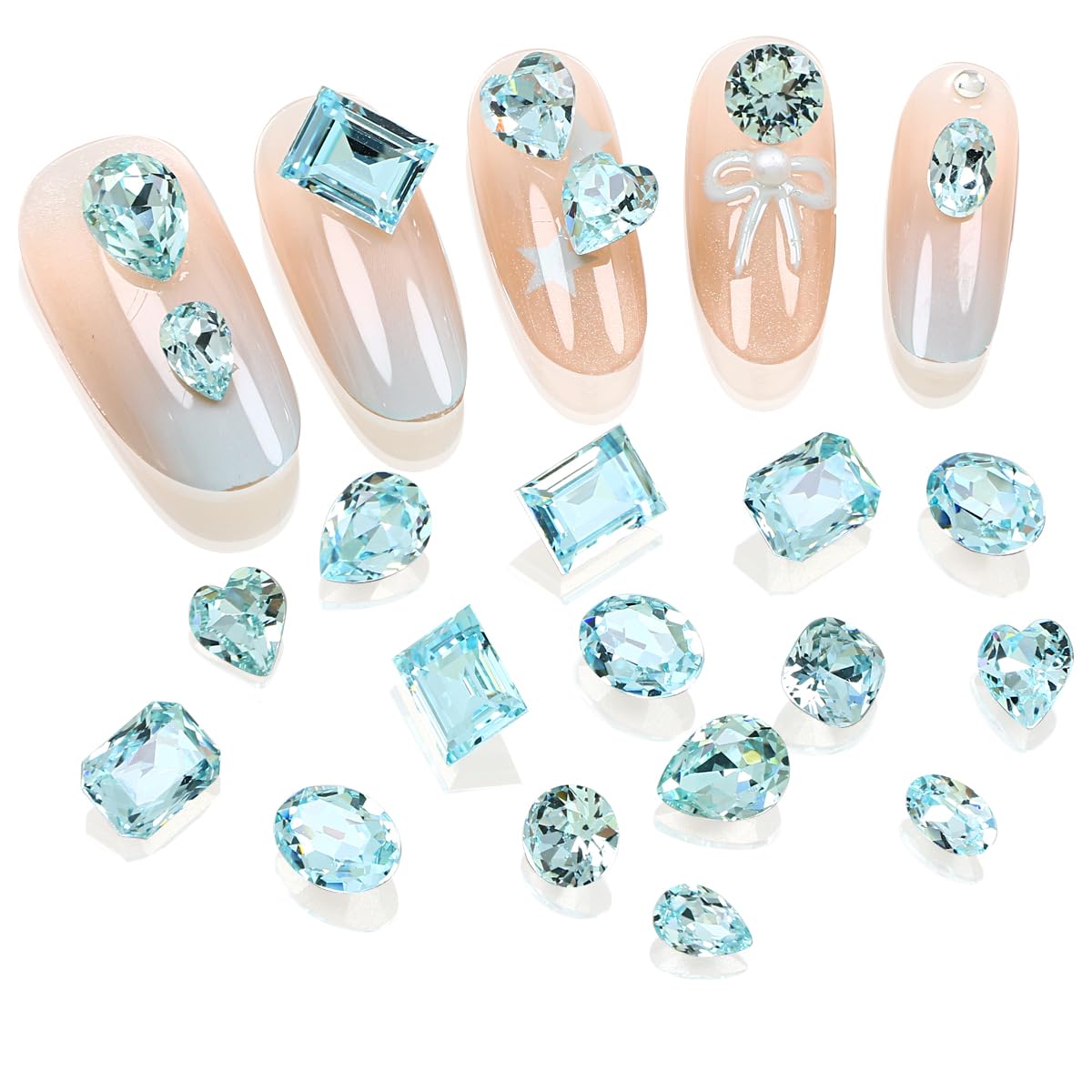 DONGZHOU 72pcs Mix Shape Nail Art Rhinestone,7 Styles Glass Nail Rhinestones Pointback Nail Gems Shiny 3D Nail Charms for Nail DIY Decorations Crafts,Aquamarine