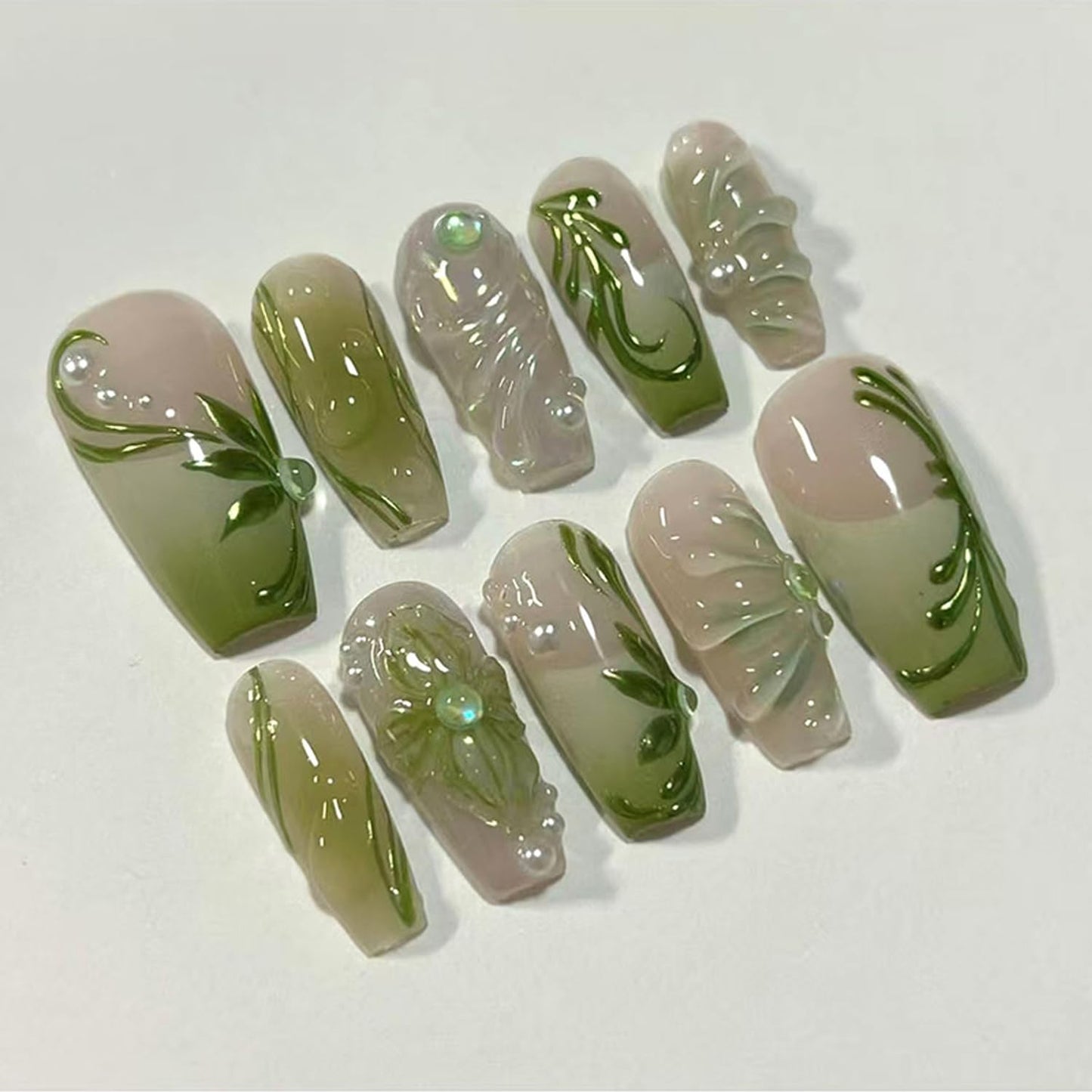 24Pcs Green French Press on Nails with 3D Vine Gradient Pearl Design False Nails French Nails Tips Leaves Floral Press on Handmade Full Cover Glossy Reusable DIY Nails for Women&Girl