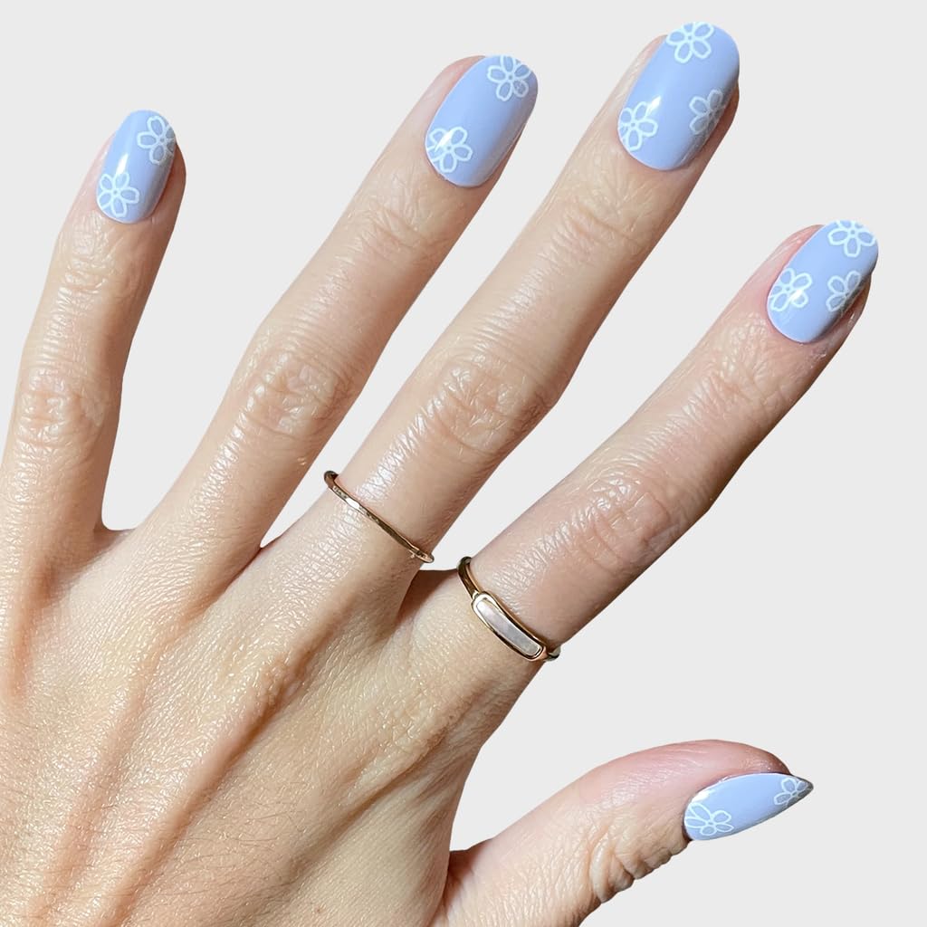 Olive & June Classic Super Stick Mani Press On Nails | No Glue Needed | 32 Tab Nails 16 Sizes | Non-Toxic Tabs Non-Damaging 7-Day Wear | Spring Flowers & Patterns | Short, Round | Floral Doodle