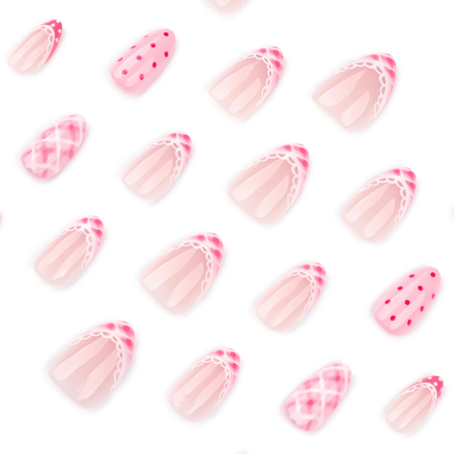 BABALAL Press On Nails, Short Almond Fake Nails, Pink Polka Dot & Plaid Lace Design, Glossy Kawaii Glue On Nails For Women And Girls Kids 24Pcs