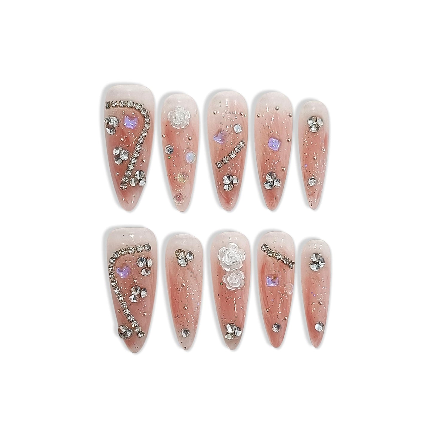 TENPAL Extra Long Stiletto Fake Nails with Coral Shimmer Base,3D Floral Chains Camellia Press on Nails Long Drop Shape,10pcs Versatile Soft Gel False Nails with Tools,Crystal Glitter Nails(XS,Orange)