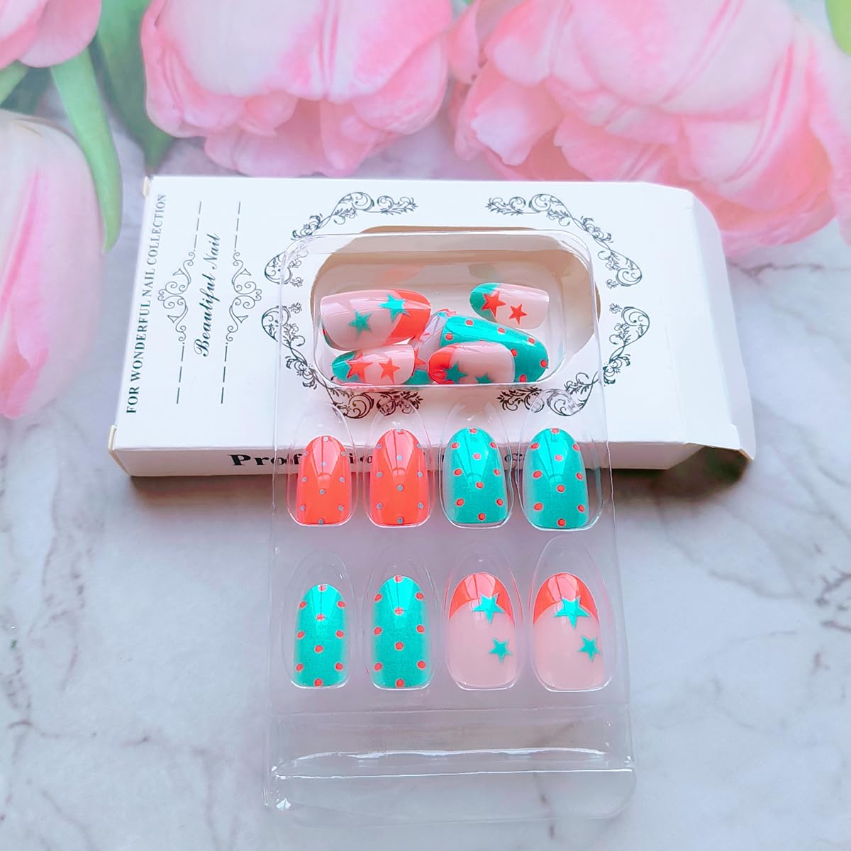 QUNQINLI French Tip Press on Nails Short Oval Fake Nails Press ons Nail Art Tips Kit with Star Polka Dots Design Red Blue False Nails Full Cover Nude Glossy Glue on Nails for Women Manicure 24 Pcs