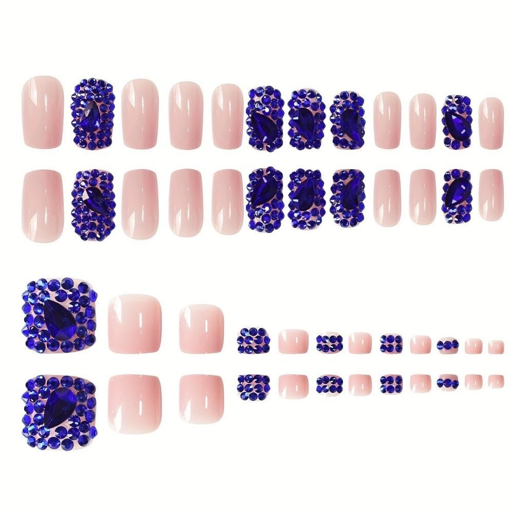 Diamond Press on Nails Short Square Press on Toenails Medium Square Fake Nails with Blue Rhinestone Design Glossy Skin Tones False Toenails Reusable Full Cover False Nails for Women Manicure 48Pcs