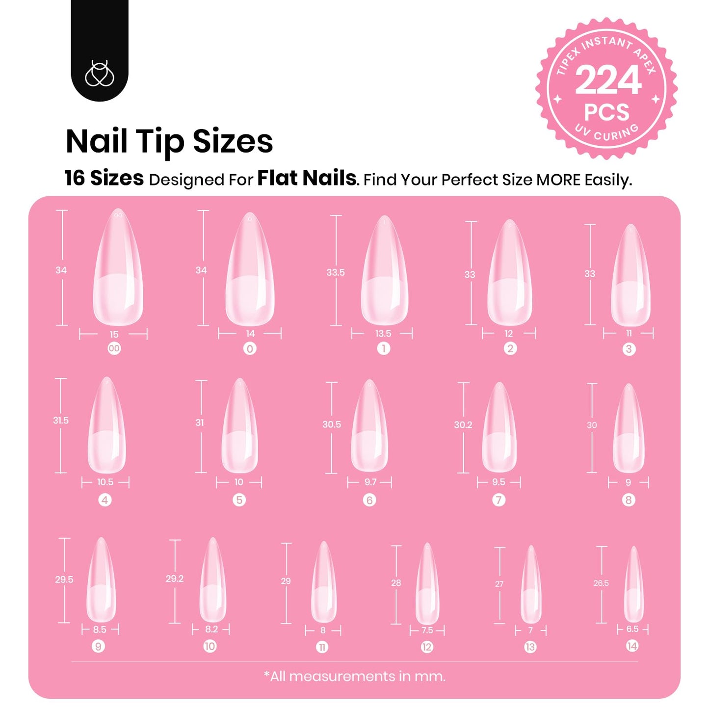 Beetles Tipex Instant Apex Nail Tips Kit, Stiletto Long, 224pcs 16 Sizes, with Tipex UV Nail Glue Mini Nail Lamp,Pre-Building Pre-Etched Strong Thicker Acrylic Nail Tips Set