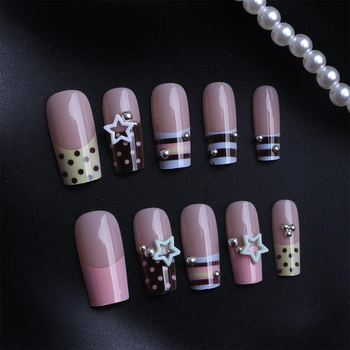 plalely Press on Nails French Tip, Handmade Acrylic Press on French Tip Nails with Flower Designs，Long Square Nail Press Ons for Women 24pcs