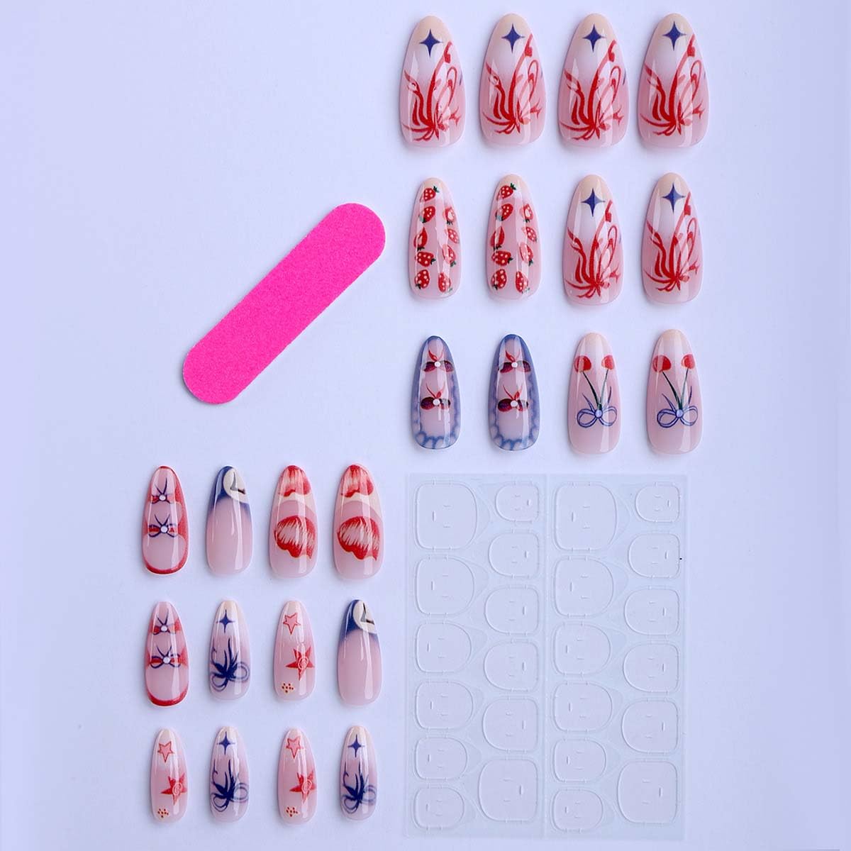 LINMEIZAI 24 Pcs Cute Press on Nails Short Almond French Tip Y2K Fake Nails Press ons Nail Tips Glue on Nails Acrylic Nail Kit with Strawberry Bow Design False Nails Stickers Nail Art for Women