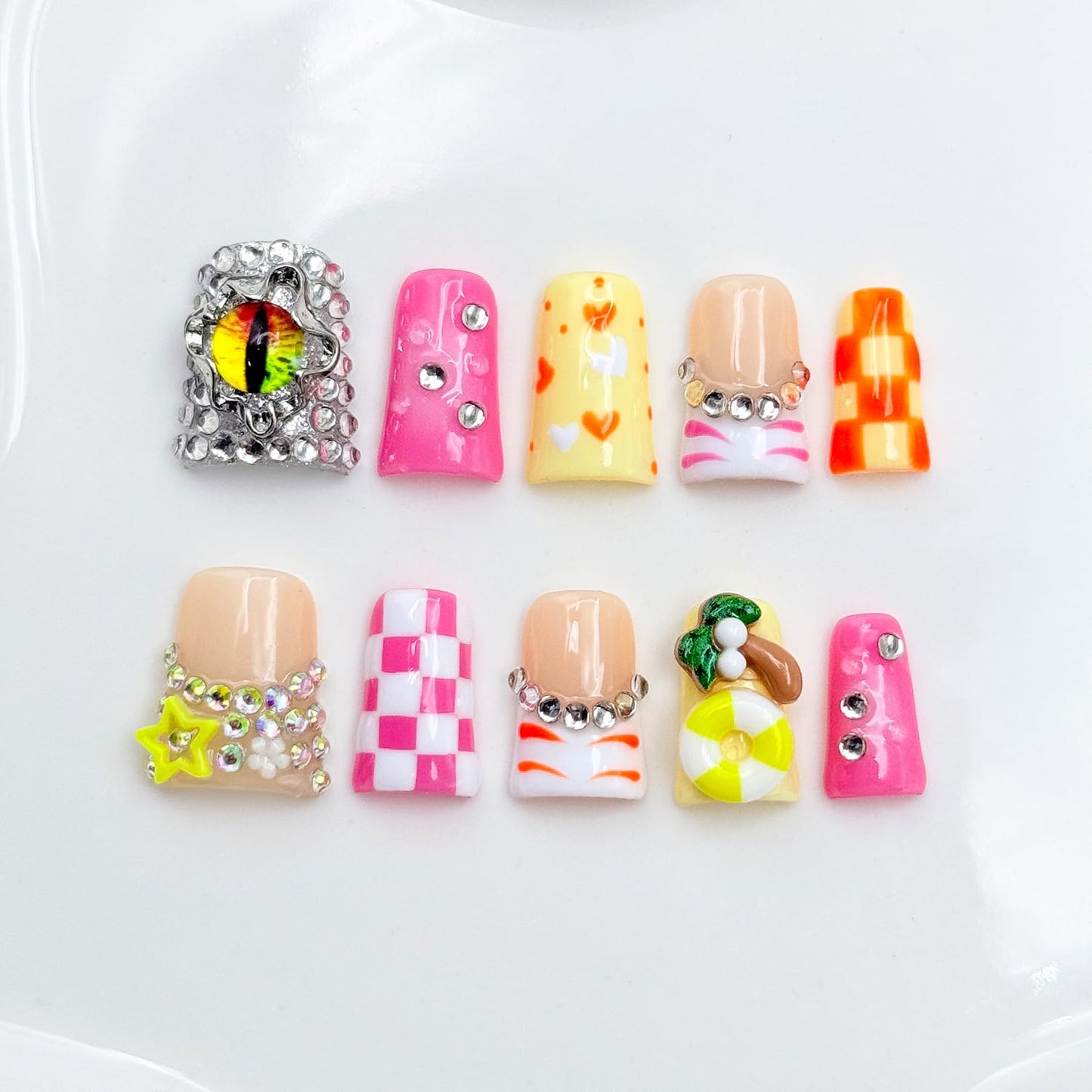 Handmade Short Duck Press on Nails Luxury Rhinestone Design Fake Nails Pink Grid False Nails with Glue,Muti-Layer Gel Thick Press ons Nail Eyes Charms Reusable Acrylic Nails for Women(Size S)