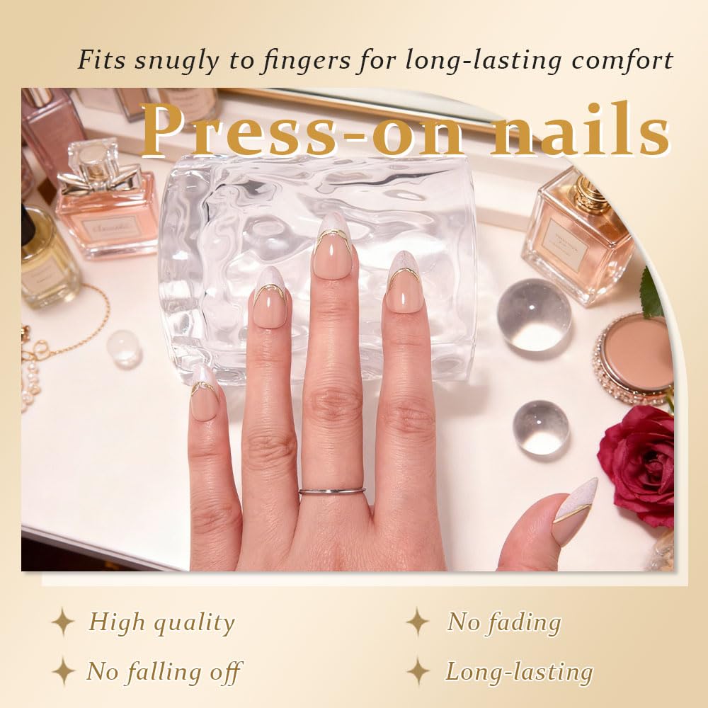evpct French Tip Press On Nails Short Almond No Glue, Nude Gold Line & Pearl White Tips, Glossy Short Almond Fake False Press on Nails, Reusable Stick on nail Press ons Nail Kit, Salon-quality