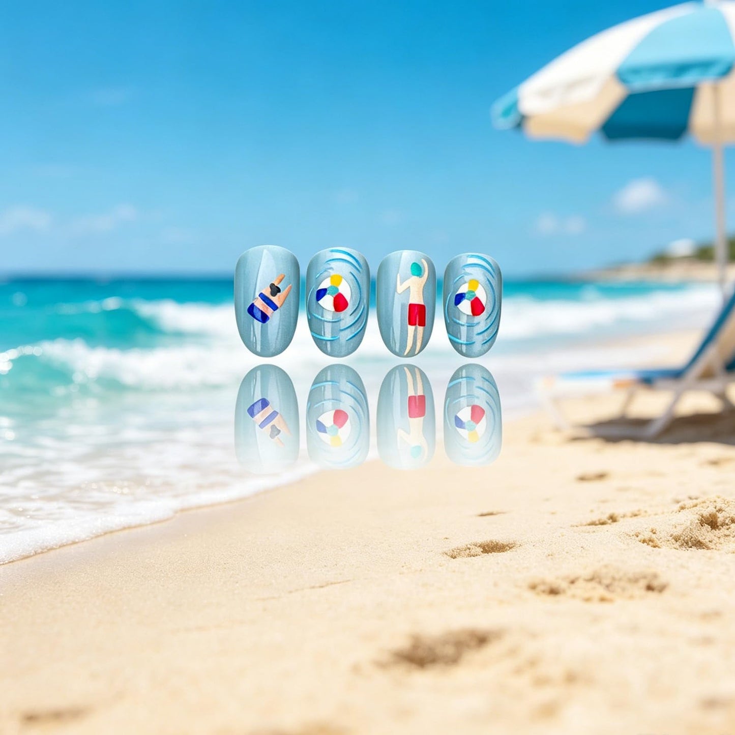 Swimmer Press on Nails With Pool Party Design, Glossy Blue Glitter Fake Nail, Short Oval False Nails Ocean Glue on Nail, Swimming Ring Stick on Reusable Acrylic Fingernails for Women Summer Vacation