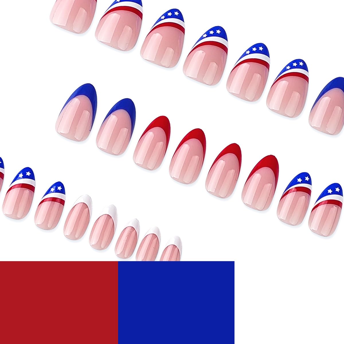 4th of July Press on Nails Blue Red Fake Nails Short Almond False Nails Press ons with American Flag Star Design Stick on Nails Independence Day Acrylic Glue on Nails for Women Manicure 24Pcs