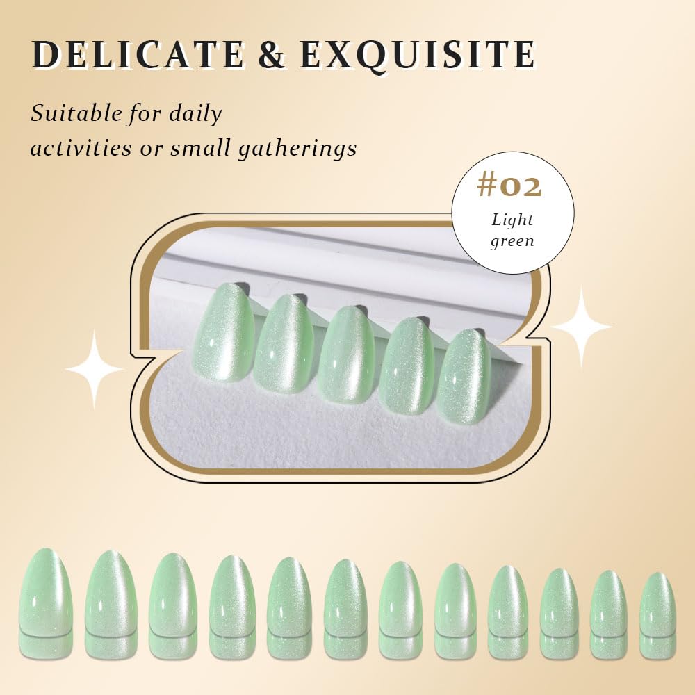 evpct Light Green Cat Eye Press on Nails Short Almond, Petite Short Almond Stick on Nails for Women Gift, Light Green Holographic Glossy Fake Nail Reusable, Soft Press on Acrylic Nail with Designs