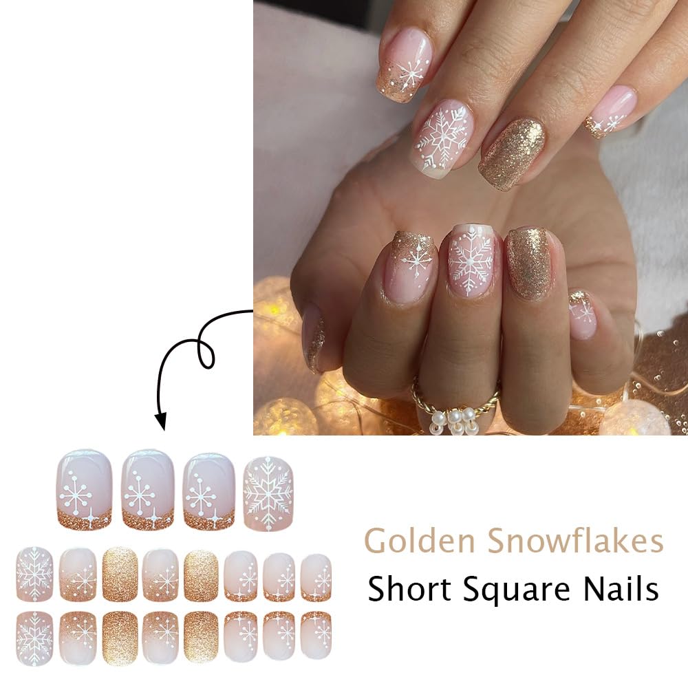 Gold French Tip Christmas Nails Short Square Fake Nails Christmas Snowflake Press on Nails with Glitter Xmas Full Cover Glue on Nail Winter False Nails for Women Holiday Manicure Kit 24Pcs