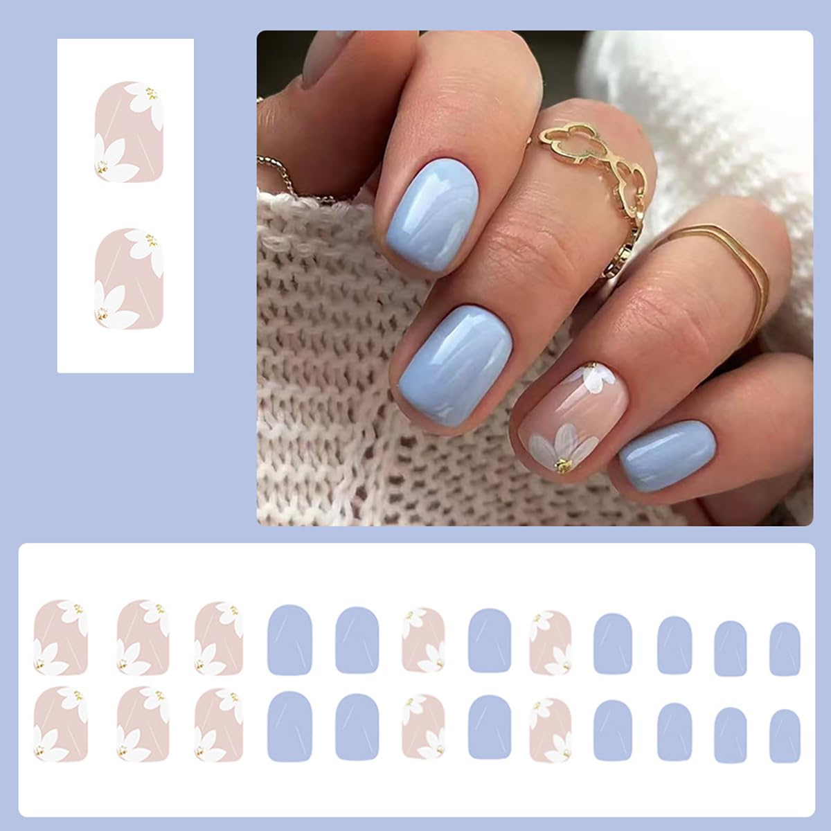 KTAABTR Blue Press on Nails Short Square Fake Nails with Glue Blue Glossy Acrylic Nails Design Spring White Flower Stick on Nails for Women Girls DIY Manicure Full Cover False Nails Decoration Supply