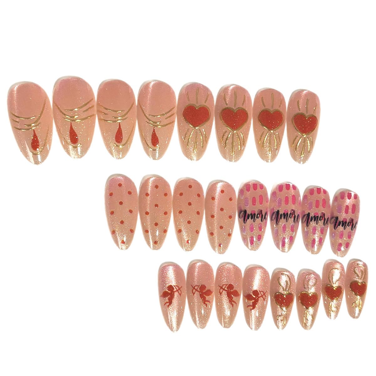 24Pcs Valentines Press on Nails Short Almond Fake Nails with Golden Lines Polka Dots Angel Designs Sweet Pink Full Cover Stick on Nail Romantic Heart False Nails for Women Holiday Nail Decorations