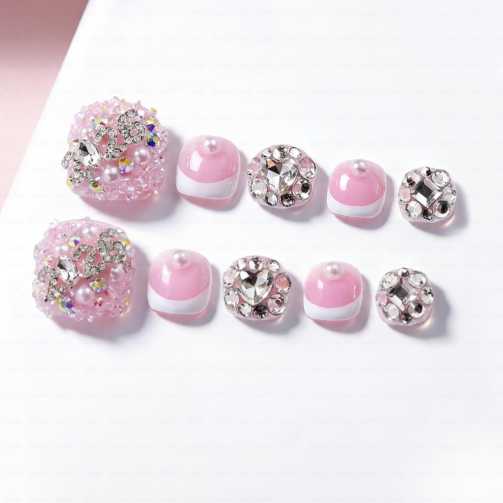 IntoVibes 10 Pieces Handmade Luxury Press On Toenails With Bling Rhinestones And 2026 3D Decoration, Full Cover, Press On Nails Stick On Toe Nails For Women Manicure, Acrylic Fake Toe Nails(M)