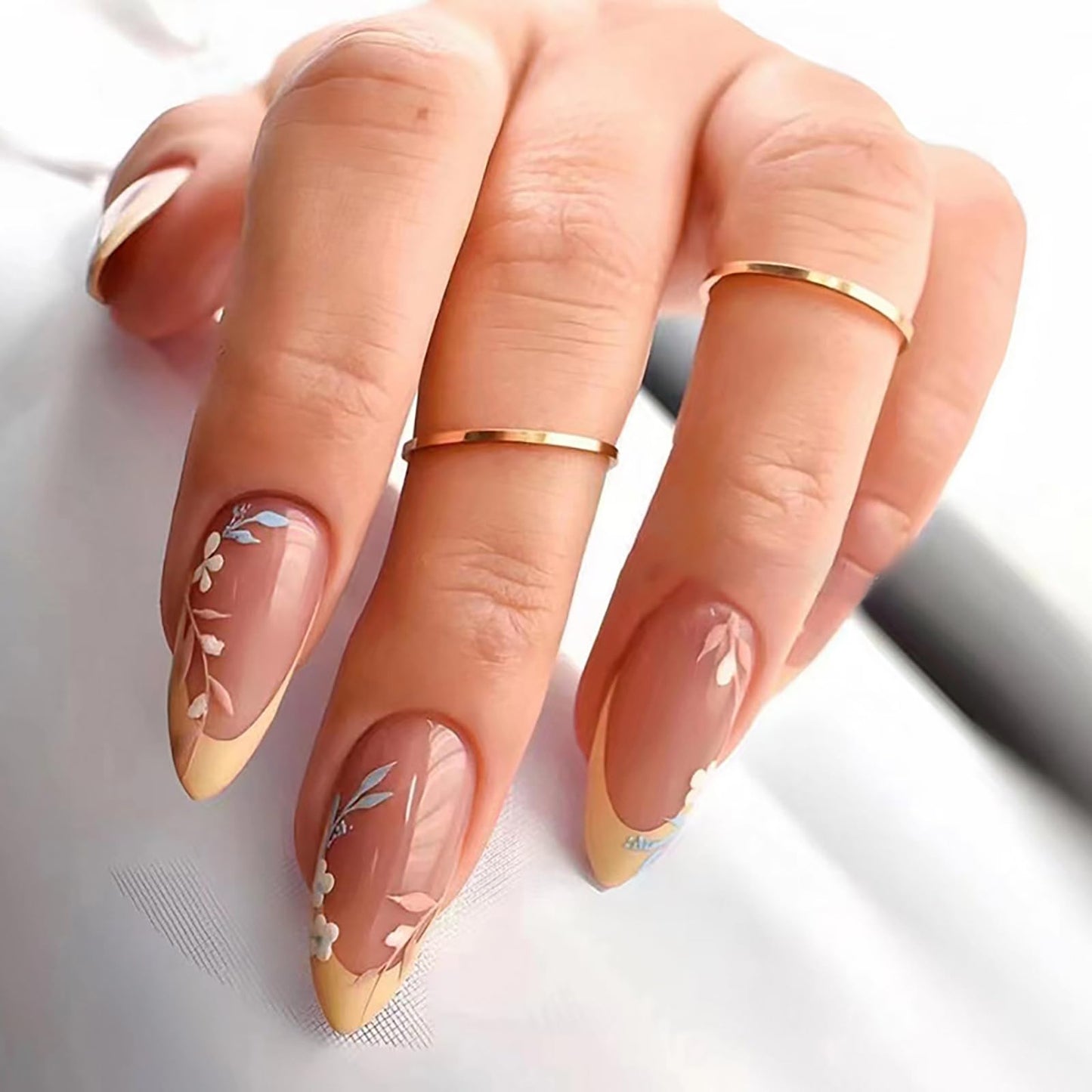 Medium Almond Press on Nails With Designs Yellow French Tip Pink Flower Fake Nails Press ons Acrylic False Glossy Artificial Full Cover Stick on Nails for Women Girls 24 Pcs