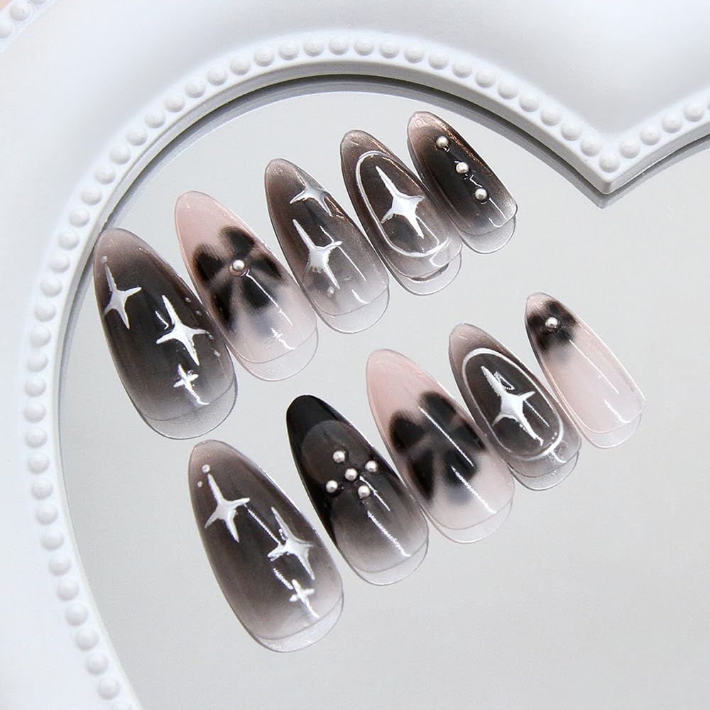 24 Pcs Pink Press on Nails Short Almond,MINGCHUN Black Ombre Fake Nails Press ons Acrylic Nail Art Tips Kit Full Cover False Nails Glue on Nails with Flower Silver Starburst Design for Women