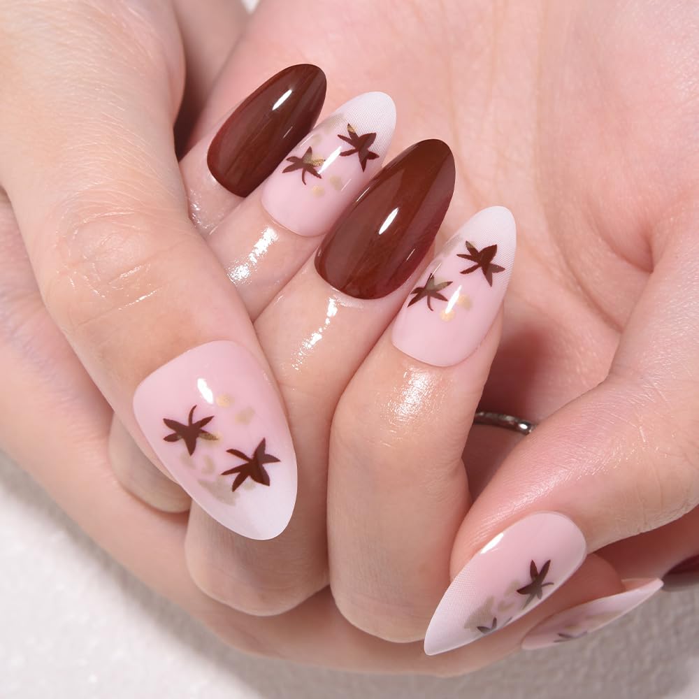 evpct Coffee Brown Press on Nails Short Almond with Leaves Design, Maple Leaf Pink Stick on Nail for Women Gift with Manicure Kit, Reusable Soft Gel Stick on Fake Nail with Designs Perfectly Fit