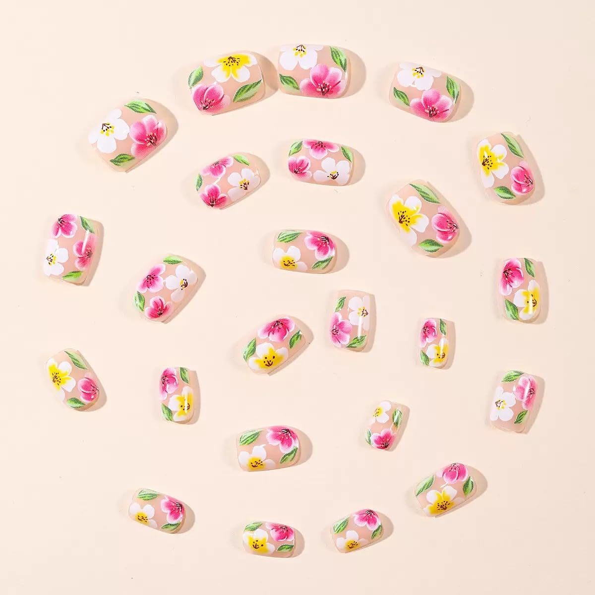 CTTHNBD Press on Nails Short - Square Fake Nails with Colorful Flower Design - Spring, Green Leaf False Nails for Women 24 Pcs
