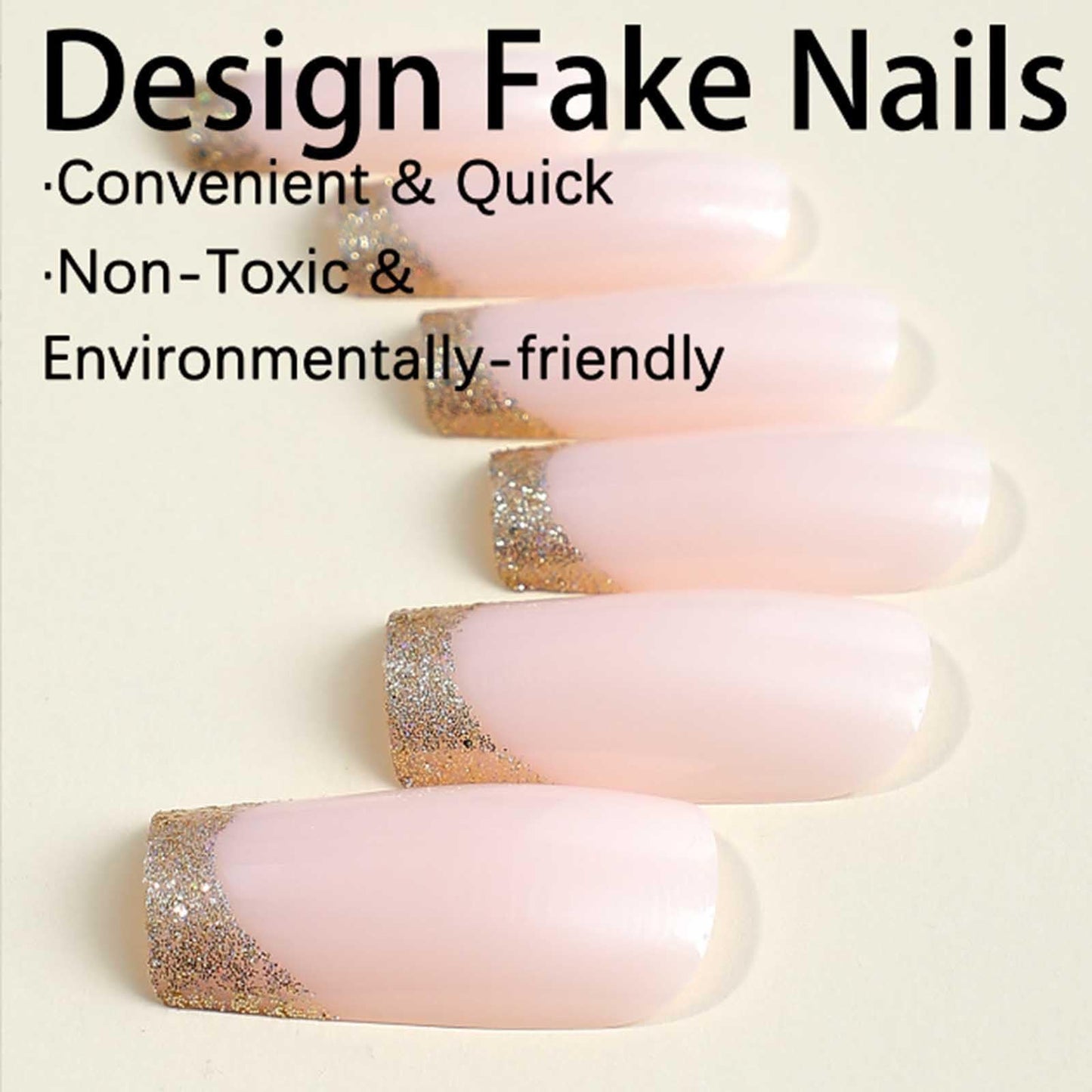 YoYoee Luxury French Press on Nails Nude Nails Tips Long Square False Nails Bling Acrylic Ballerina Fake Nails for Women and Girls 24PCS